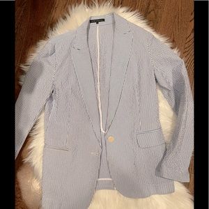 Theory blue and white striped seersucker blazer